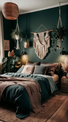 donkergroene slaapkamer boho stijl