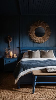 slaapkamer inspiratie donkerblauw met hout