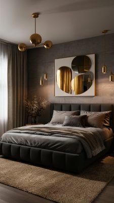 slaapkamer inspiratie antraciet bed met goud