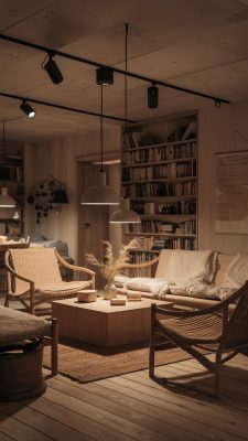 Scandinavische woonkamers met veel verlichting