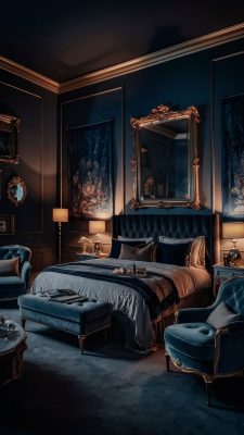 slaapkamer inspiratie donkerblauw met goud