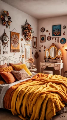 boho slaapkamer geel en oranje