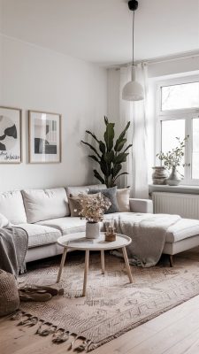 Scandinavische woonkamer met witte muren