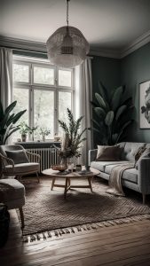 scandinavische woonkamer met groene accenten
