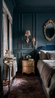 slaapkamer inspiratie donkerblauw hotel chique