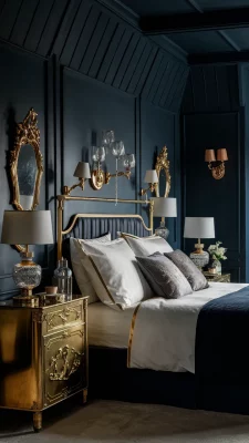 slaapkamer inspiratie donkerblauw hotel chique