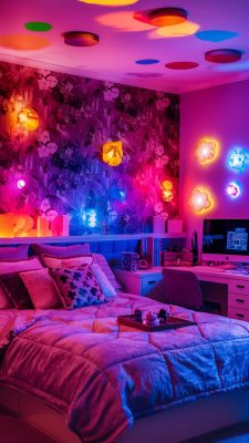 slaapkamer inspiratie y2k met led verlichting en popsterren