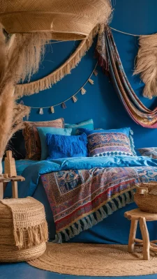 boho slaapkamer blauw ibiza stijl
