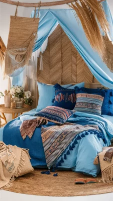 boho slaapkamer blauw ibiza stijl
