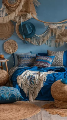 boho slaapkamer blauw ibiza stijl
