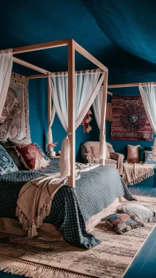 boho slaapkamer blauw ibiza stijl
