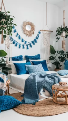 boho slaapkamer blauw met witte muren
