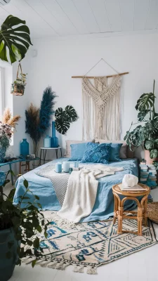 boho slaapkamer blauw met witte muren
