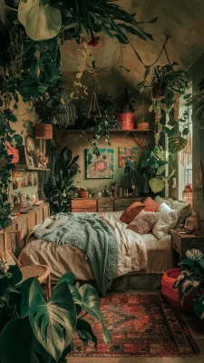 boho slaapkamer groen met planten