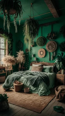 boho slaapkamer groen met planten