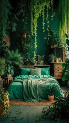 boho slaapkamer groen met planten