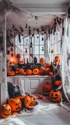 halloween decoratie in huis open haard