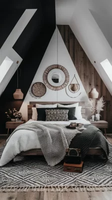 slaapkamer zwart wit hout boho