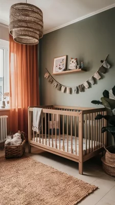 aardetinten babykamer mosgroen en oranjeroze