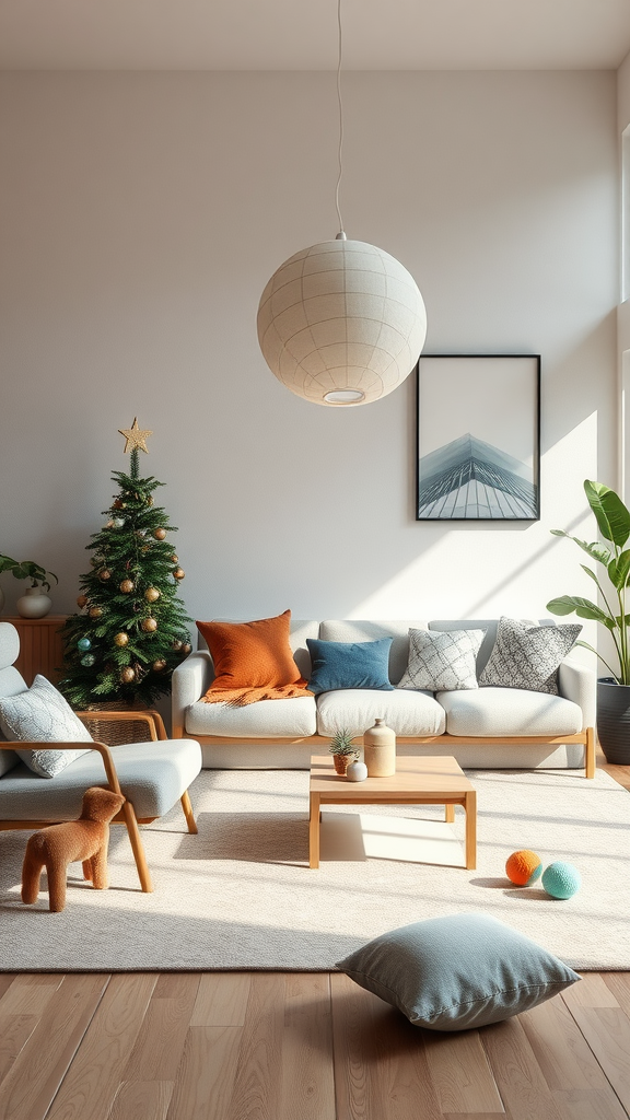 Een gezellige woonkamer met een kerstboom, comfortabele bank met kussens, en speelgoed op de vloer.