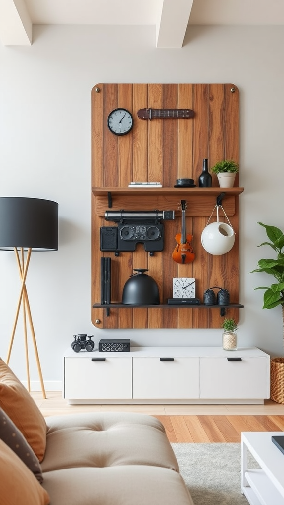 Een moderne woonkamer met een wandplank vol met verschillende decoratieve items en een opbergmeubel voor speelgoed.