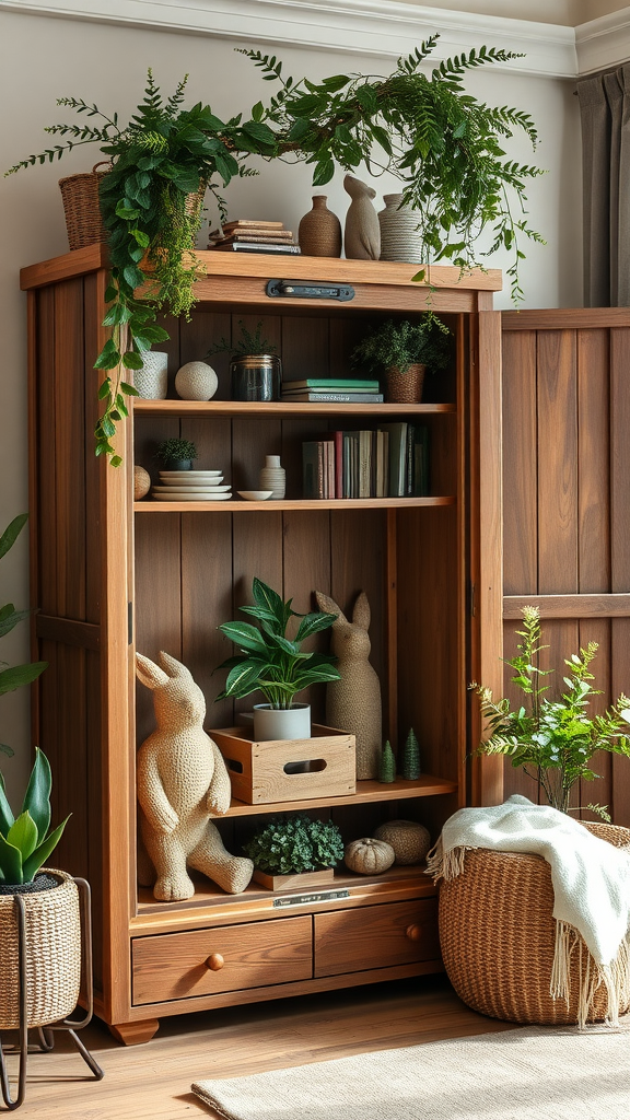 Stijlvolle houten kast met planten en speelgoeddecoratie in een woonkamer.