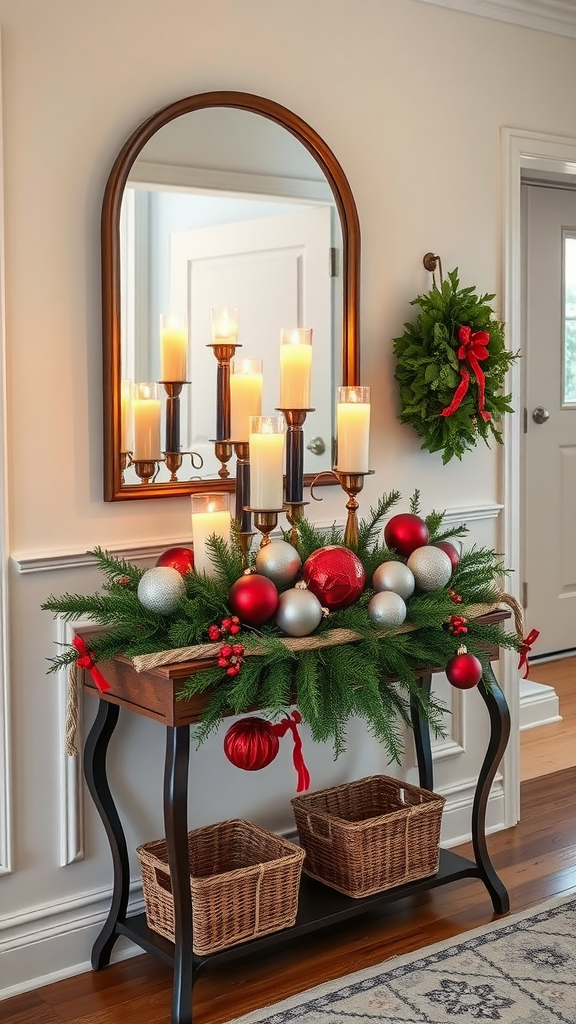 Kerstdecoratie op een gangtafel met kaarsen, ballen en een kerstkrans