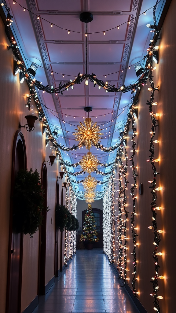 Versierde gang met kerstverlichting en een kerstboom. Kerst Decoratie Gang