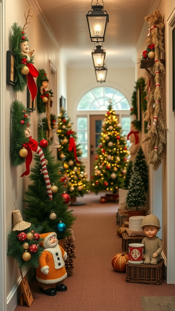 Een versierde gang met kerstbomen, sneeuwpoppen en traditionele kerstdecoraties. Kerst Decoratie Gang