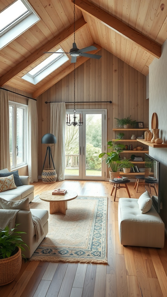 A cozy living room with wooden accents, bright windows, and plants, showcasing space for toys.