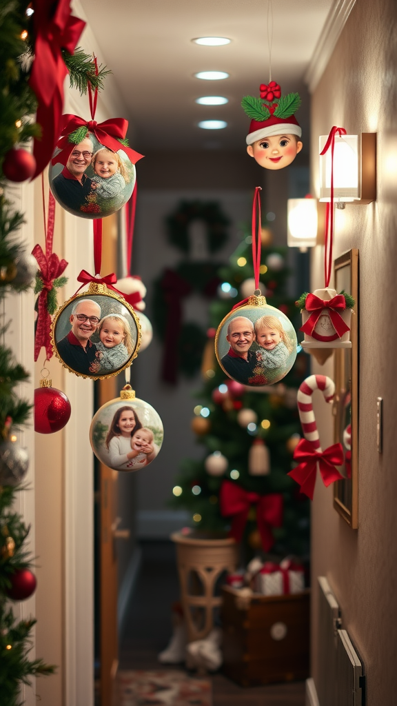 Versierde gang met kerstdecoraties en familiefoto's