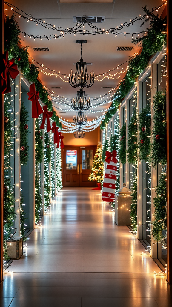 Een sfeervolle kerstgang versierd met lichtjes, groene takken en strikken.