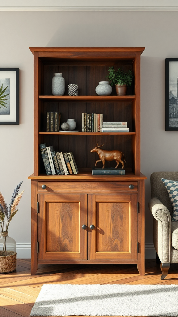 Stijlvolle houten kast in een woonkamer met boeken, decoraties en een opgeruimde uitstraling.