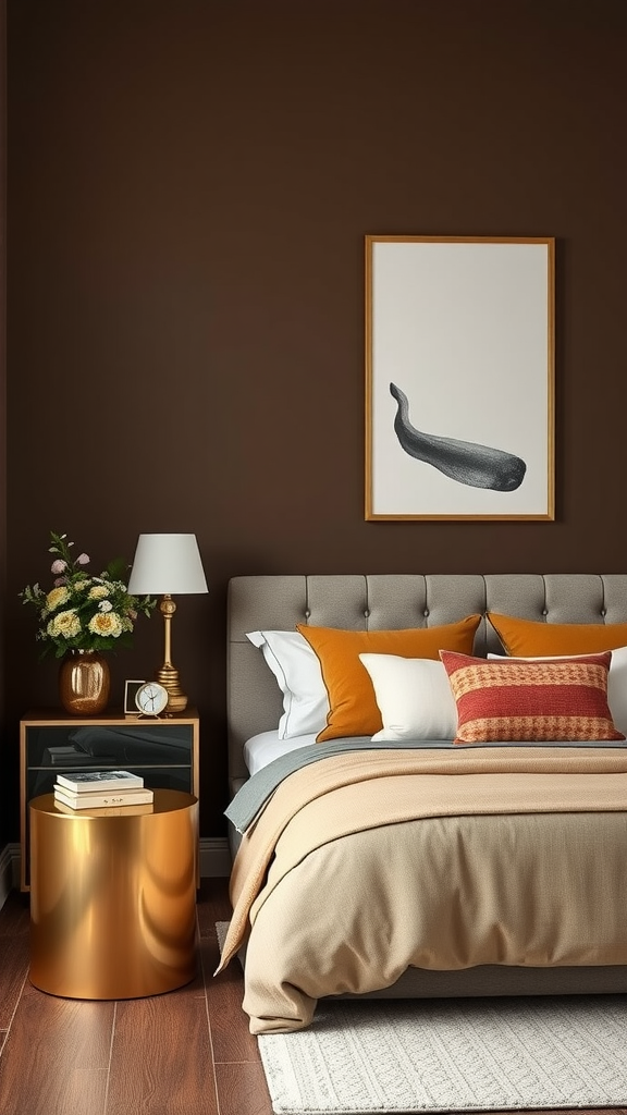 A stylish brown bedroom featuring a cozy bed with decorative pillows, a side table with a lamp, and a wall art piece. Chocolade Bruine Slaapkamer