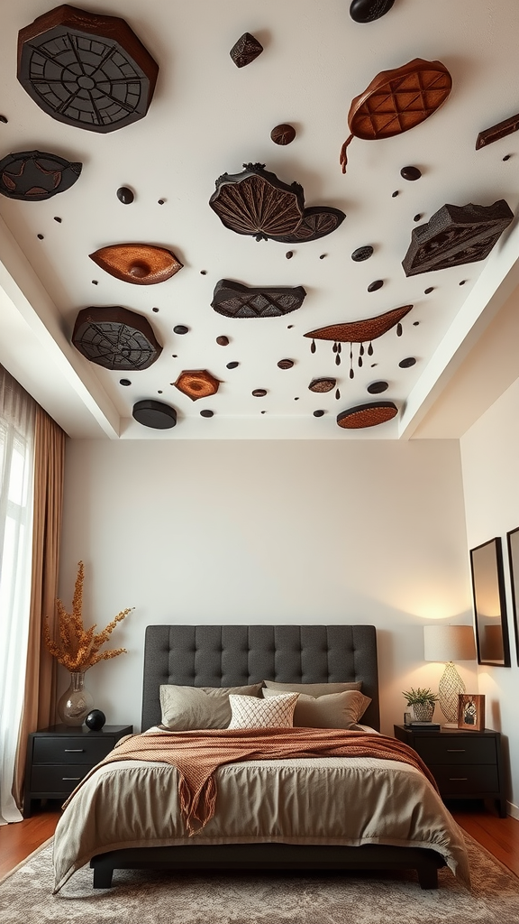 Artistic ceiling design featuring chocolate-themed shapes in a cozy bedroom.