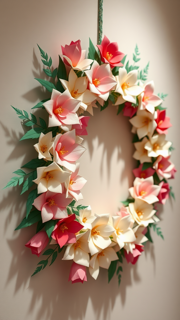 A colorful wreath made of paper flowers featuring pink and white blooms with green leaves. Voorjaars Krans 