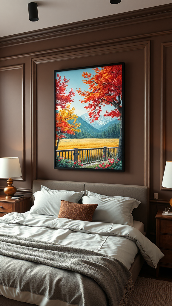 A cozy bedroom with chocolate brown walls and a vibrant landscape painting. Chocolade Bruine Slaapkamer