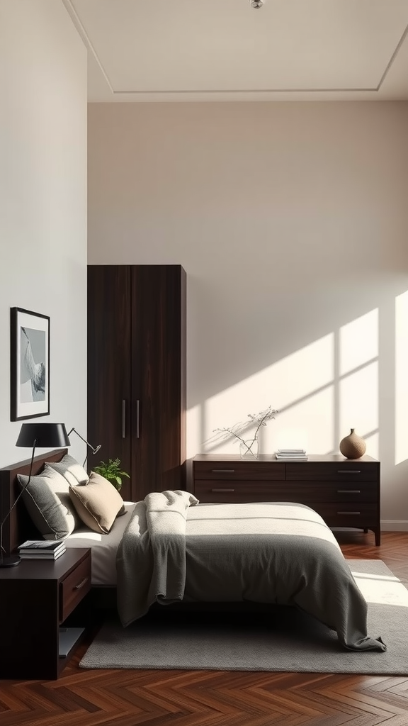 A cozy bedroom featuring dark wood furniture, light-colored walls, and soft bedding.