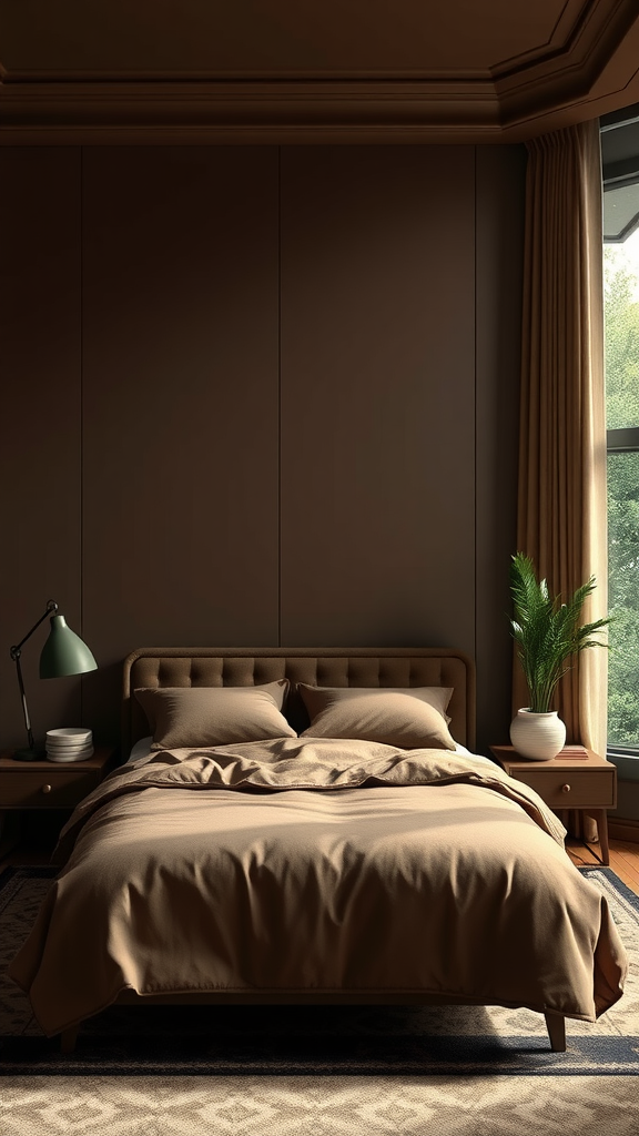 A cozy bedroom featuring chocolate brown walls and bedding, with earthy accents.