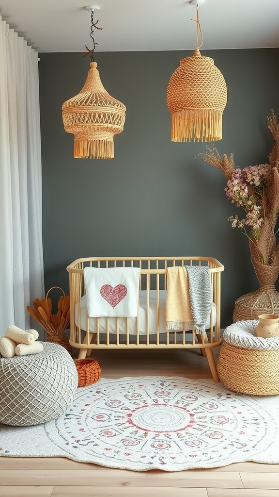 Een bohemian stijl babykamer met een kindje in het wiegje, zachte kleuren en natuurlijke materialen.