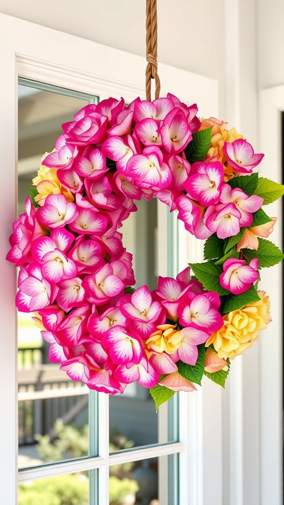 Bright hydrangea blooms in a spring wreath hanging by a window.