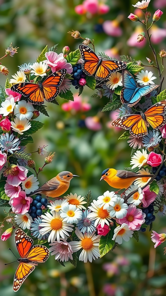 A colorful spring wreath featuring butterflies and birds among flowers.