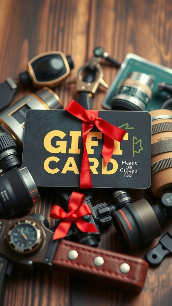 A gift card with a red ribbon on various photography equipment.