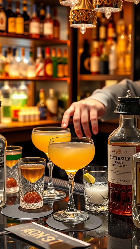 Een hand die een cocktail serveert aan een bar met diverse drankflessen op de achtergrond.