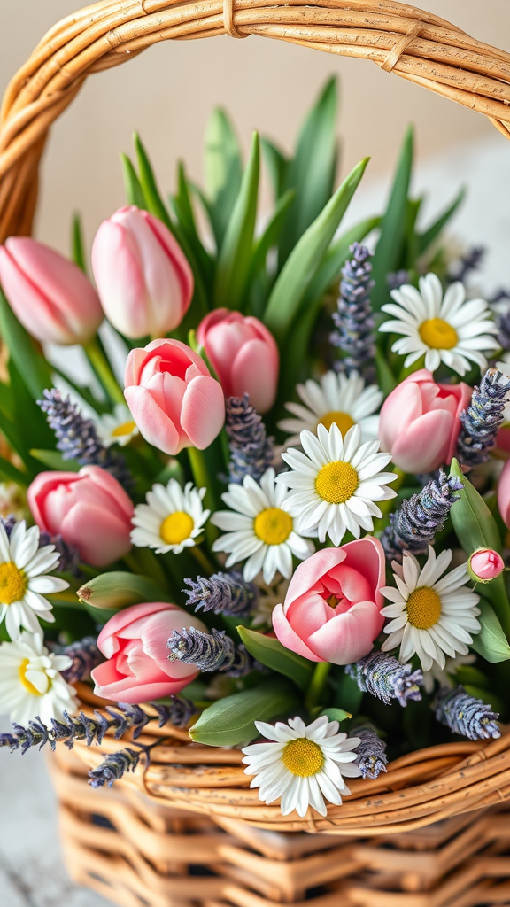 A charming floral arrangement with pink tulips, white daisies, and lavender in a woven basket.