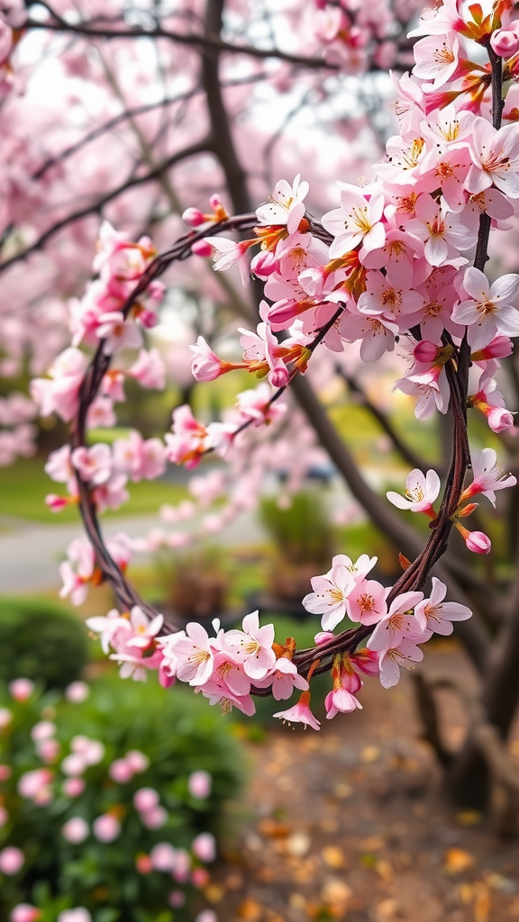 A heart-shaped wreath made of cherry blossoms hanging among blooming cherry trees.