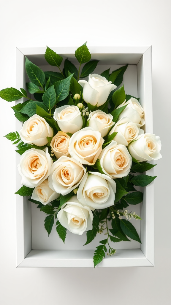 A chic minimalist flower box filled with cream roses and green leaves.