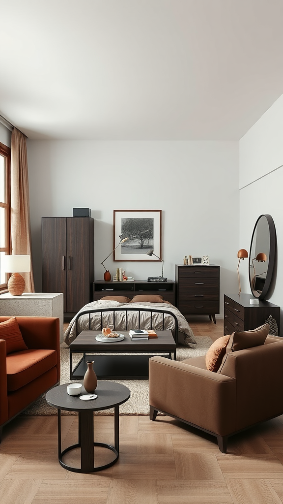 A cozy bedroom with chocolate brown furniture featuring a bed, dresser, and seating area. Chocolade Bruine Slaapkamer