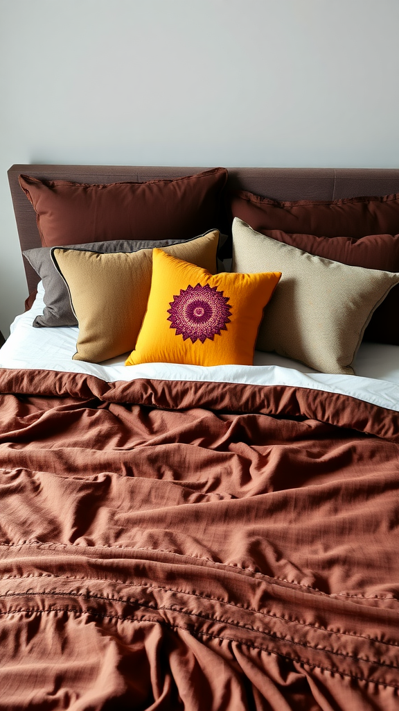 A neatly arranged bed with brown bedding and colorful pillows.