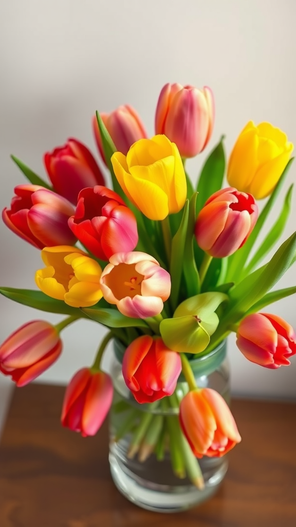 A vibrant arrangement of various colored tulips in a glass vase. Valentijn bloemstukken